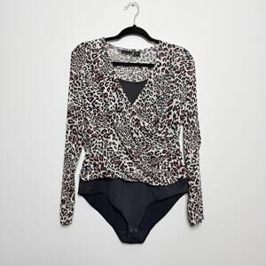 Tahari Leopard Animal Print Faux Wrap Stretch Bodysuit Long Sleeve Workwear XL